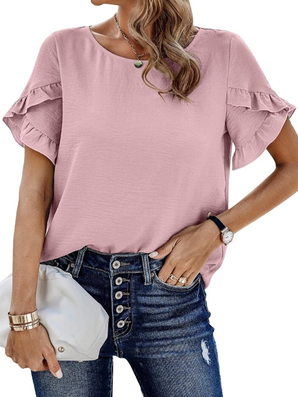 Womens Ruffle Petal Sleeve Lace Crochet Floral Boho Tunic Top